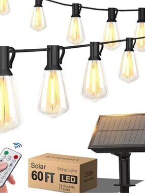 Solar String Lights Outdoor Patio Lights Warm White LED Remote 8 Modes 60FT